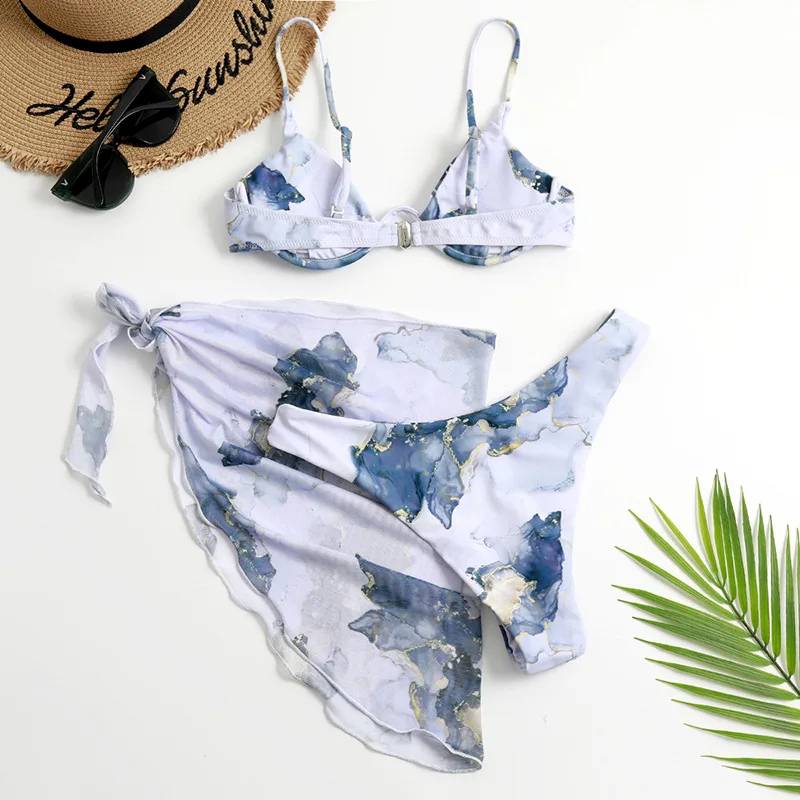 Women's 3 Piece Bikini Set with Mesh Beach Skirt Underwire Triangle High Cut Swimsuit