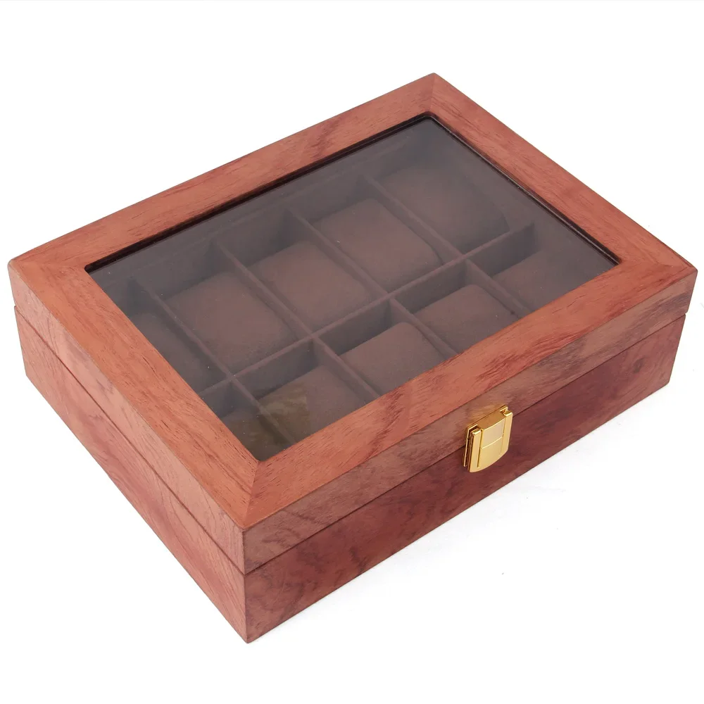 10 Solid Wood Watch Box with Red Pear Colored Grid Groove, Display Cabinet, Wooden Glass Watch Display Storage Box
