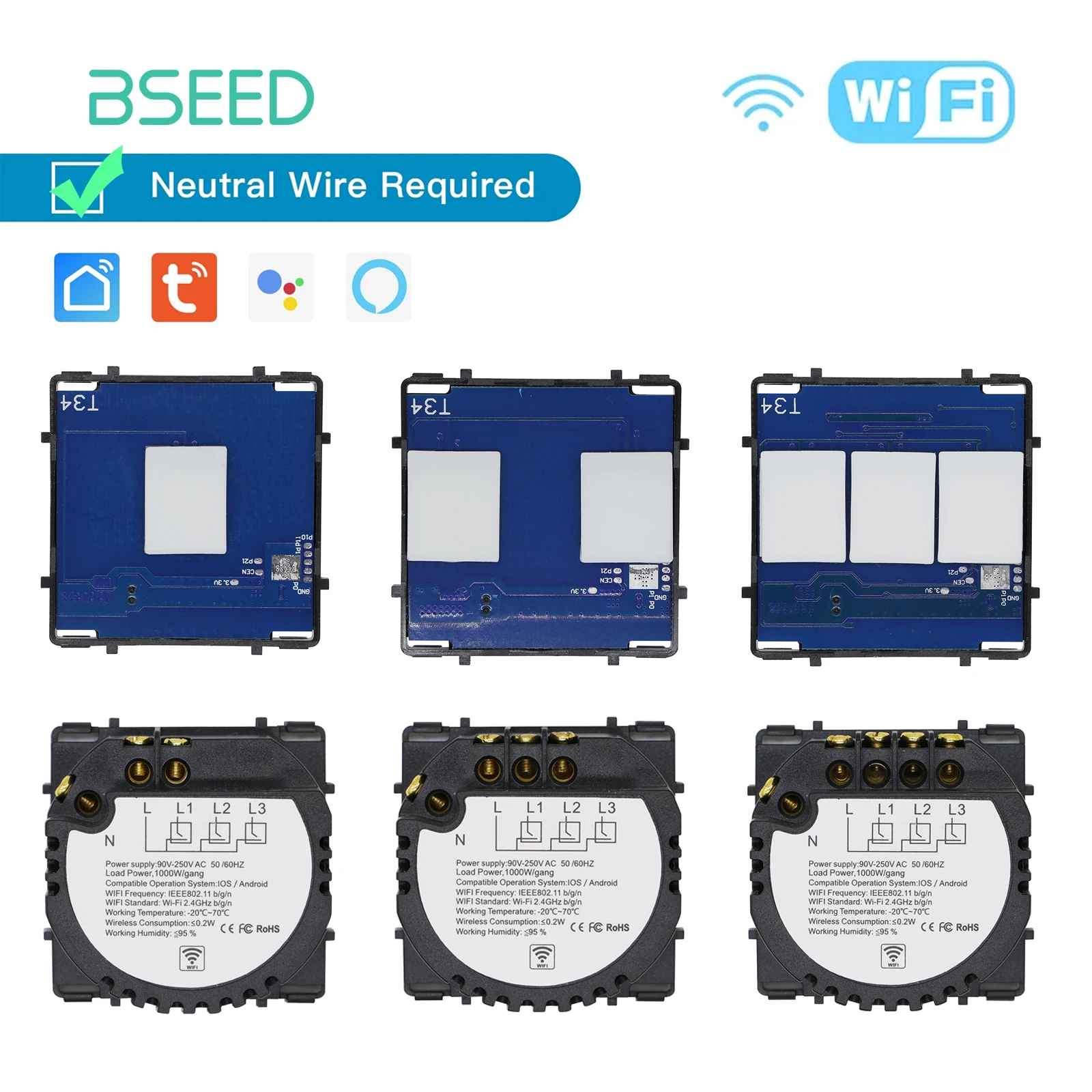 BSEED 1/2/3Gang Wifi สวิทช์อะไหล่1/2/3Way Touch Sensor Switch ไม่มีแก้ว Tuya Google Smart Life Alexa App Control 1