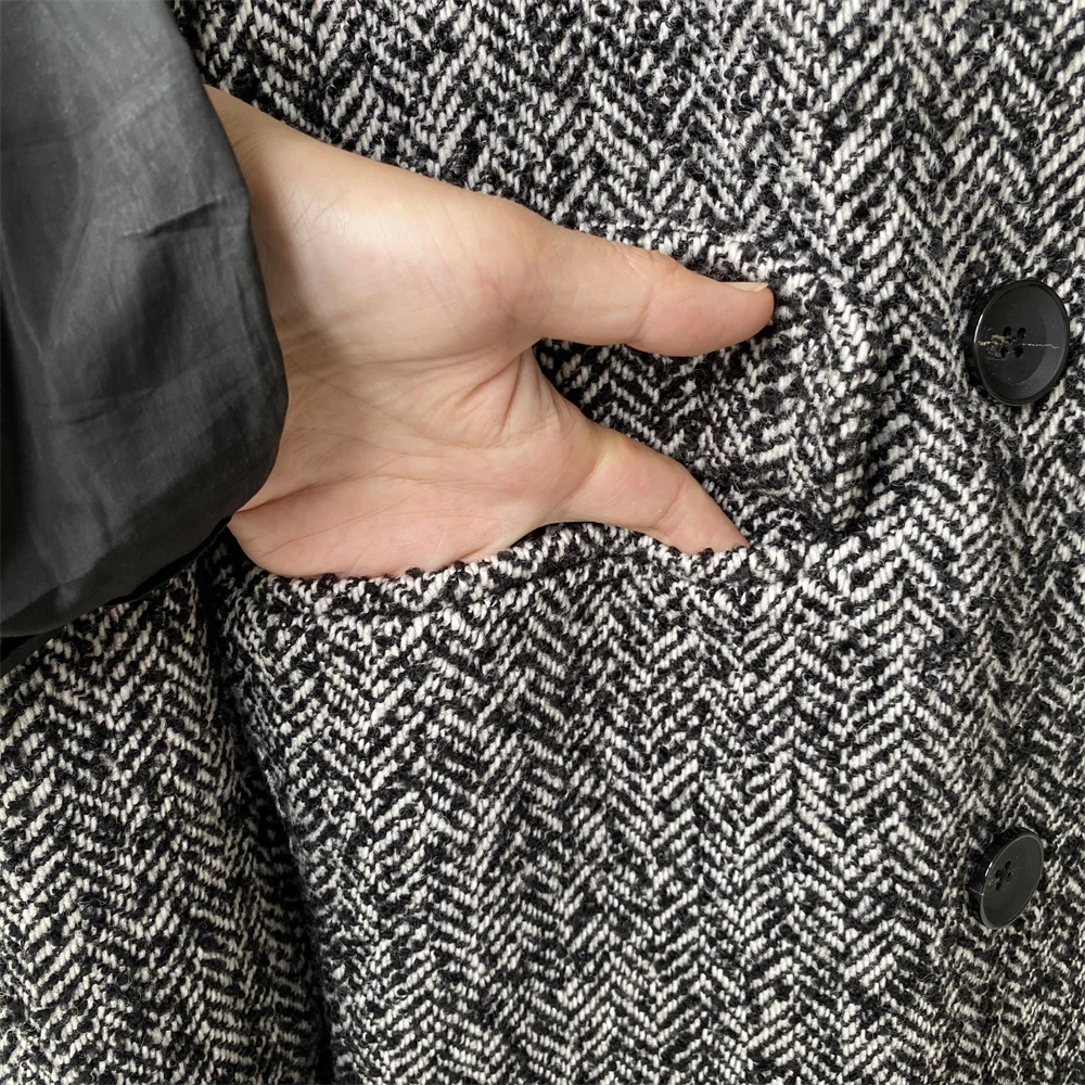 Women's striped wool coat - full length fashion shot