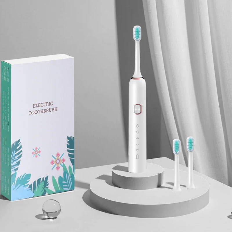 thumbnail image 1 of Nuevo cepillo de dientes eléctrico con vibración sónica para adultos, 5 velocidades, 7 niveles, resistente al agua, carga USB, 2 cabezales de cepillo, pelo suave, pareja, 1 of 5
