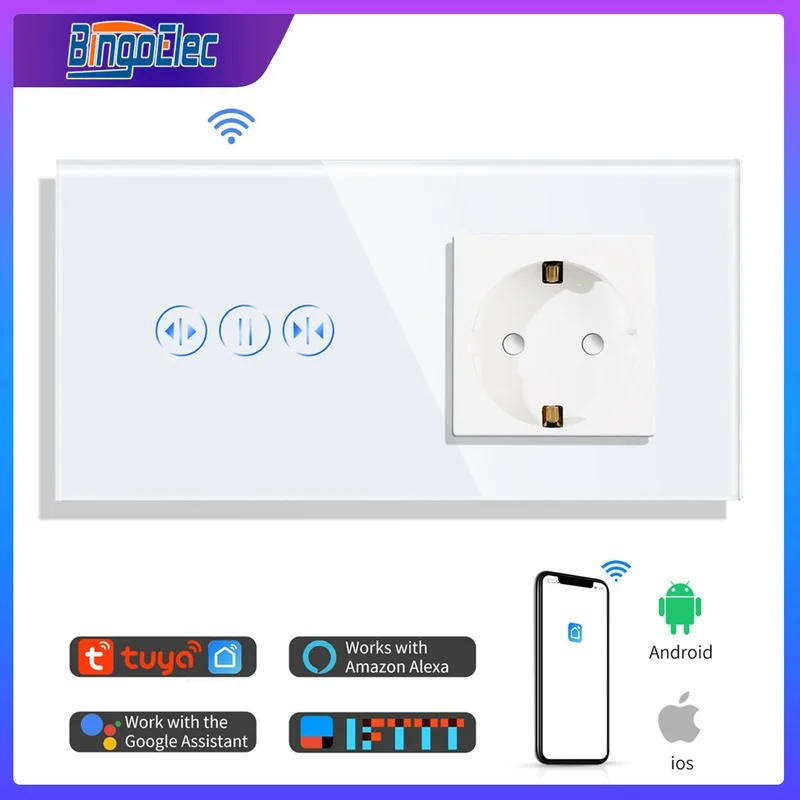 

Умный выключатель для штор Bingoelec, настенная розетка с Wi-Fi и обычным европейским стандартом, 16 А, черная, белая, Хрустальная стеклянная панель, Alexa, Google Home