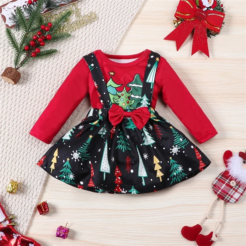 

Newborn Infant Baby Girl Christmas Outfit Tree Print Long Sleeves Romper Suspenders Skirt Set 2024 Christmas Clothes Set