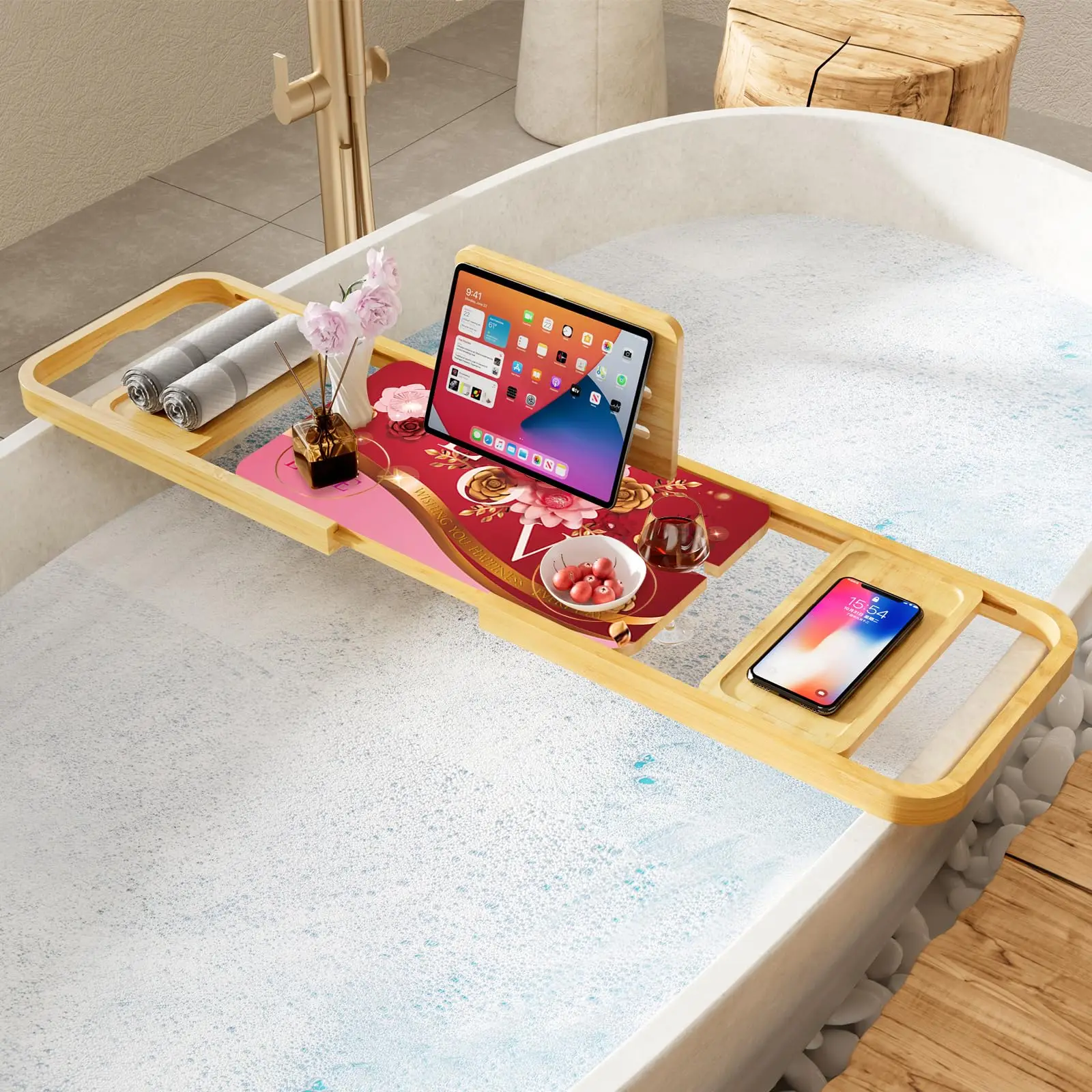 Premium Bathtub Tray Caddy-Expandable Bath Caddy Tray-Adjustable Bamboo Bath Tub Table Unique House Warming Gifts Ne