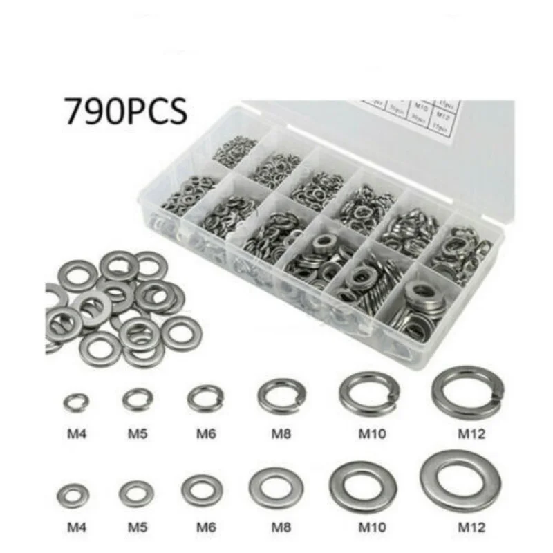 

790pcs Stainless Steel Washer Set M4 M5 M6 M8 M10 M12 Flat Washers Ring Plain Washer Gaskets Assortment Kit