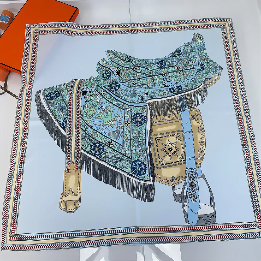 Manual Hand Rolled Twill Silk Scarf Women Saddle Design Square Scarves Echarpes Foulards Femme Wrap Bandana Hijab 90CM 6