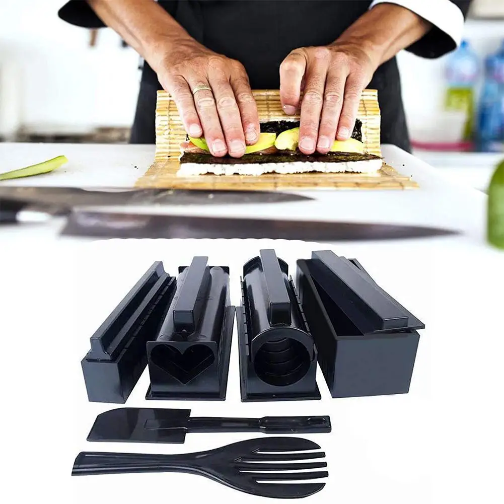 10pcs/set DIY Sushi Mould Plastic Japanese Cuisine Maker Tool with Rice Roll Mold Fork Spatula Tools Black for Cooking Picnics