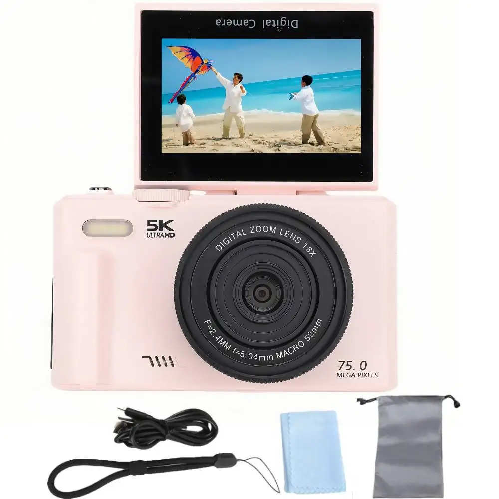 Cámara digital de 75 MP para fotografía Grabador de vídeo Vlog vintage con zoom digital 5K 18X para YouTube 180 ° Selfile de pantalla abatible WiFi