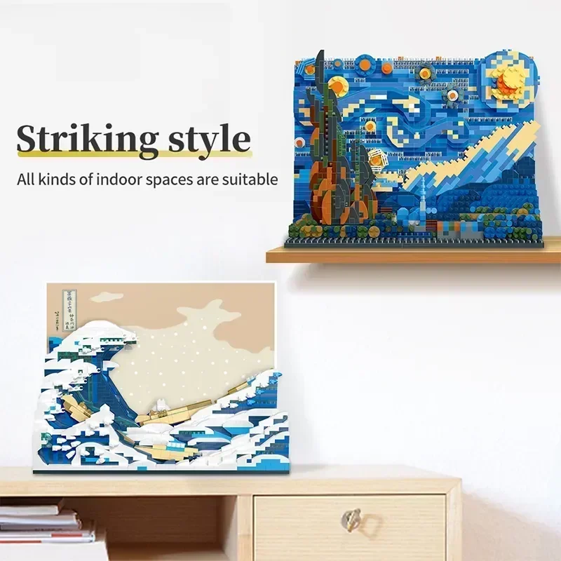 

Creative World Famous Paintings The Starry Night MOC The Great Wave of Kanagawa Micro Building Blocks Puzzle Toys For Kids Gifts