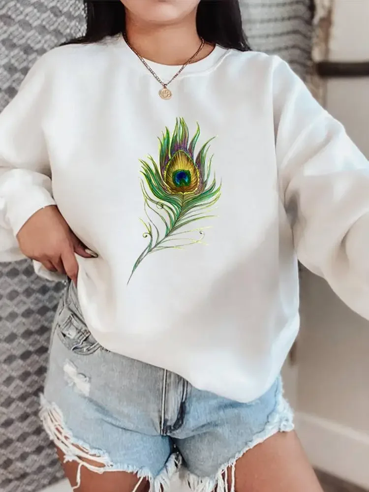 

Long Sleeve O-neck Fleece Print Pullovers Fashion Feather 90s Style Cute Clothing Female Women Graphic Sweatshirts