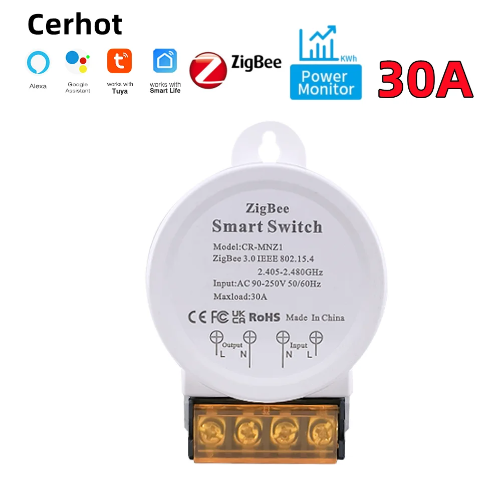 Cerhot 투야 지그비 전력 모니터 스마트 스위치, 고전력 AC90-250V, 투야 스마트 라이프 앱, 알렉사, 구글 어시스턴트..