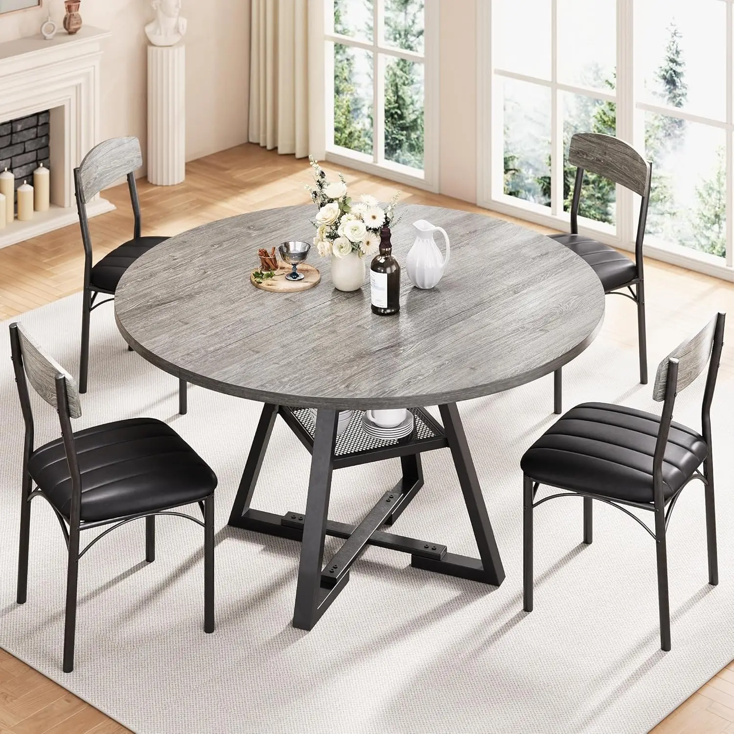 new-Kitchen Table and Chairs for 4, Circle Table Round Pedestal Dining Room Dinner Dinette Table Set,5 Piece Space Saving