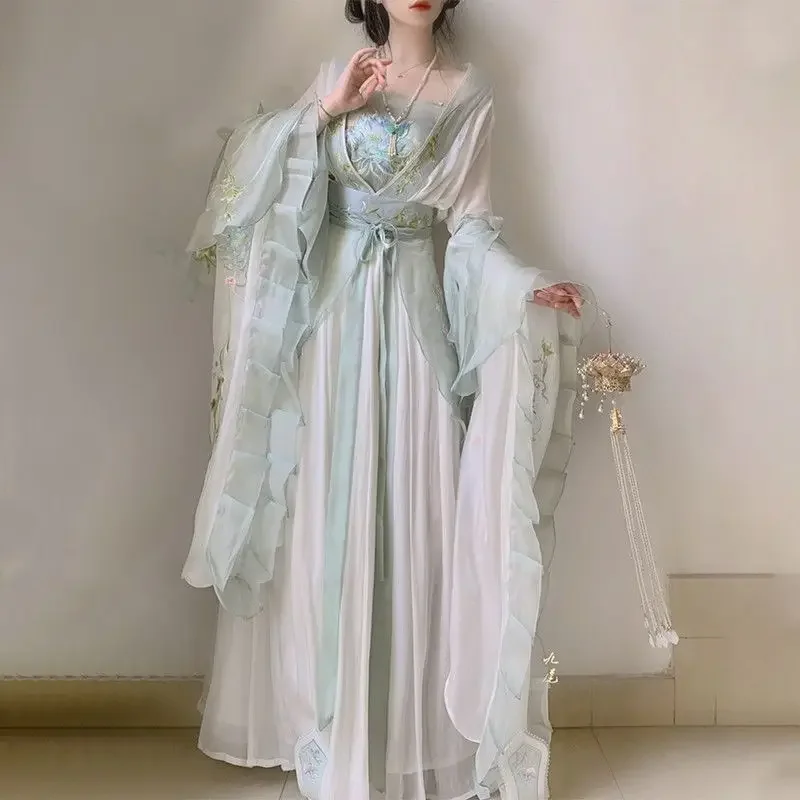 

Hanfu Women Chinese Traditional Embroidery Stage Dance Dress Female Fairy Cosplay Costume Summer Hanfu Green White Dress Gift