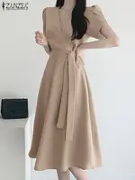 Women Fashion OL Work Sundress ZANZEA Elegant Summer Short Sleeve Dress Casual Solid A Line Vestido Kaftan Sarafans Robe Femme