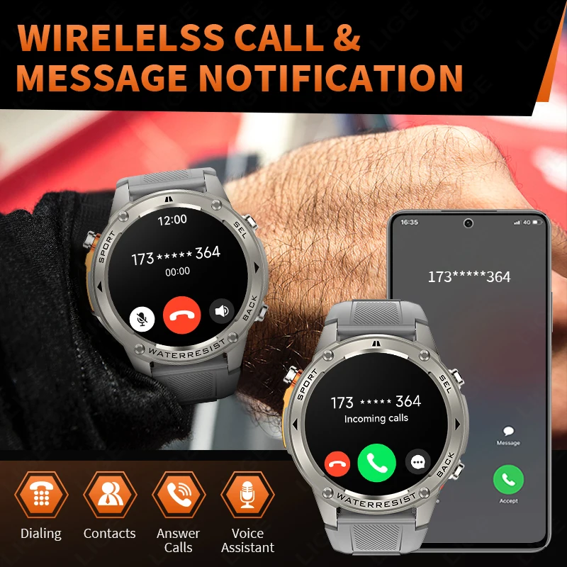 LIGE 5ATM Smart Watch 1.43" AMOLED Screen Voice Call Outdoor Sports Watches Men Waterproof 500mAh Battery Health GPS Smartwatch