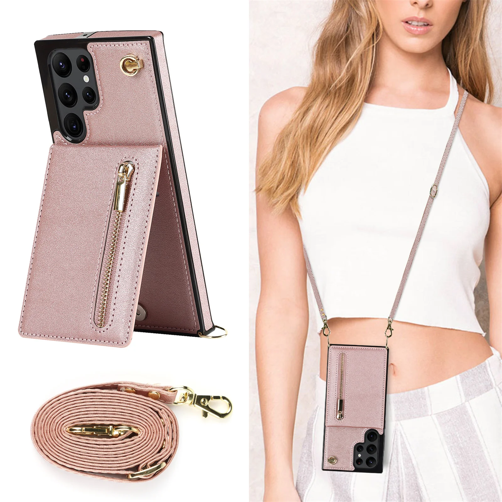 Crossbody Faux Leather Phone Case For Galaxy S23 Ultra S22 Ultra Note 20  Ultra S21 Fe S23 Fe With Holder Long Lanyard Wallet Protect Cover - Temu