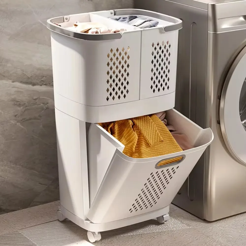 Plastics Laundry Basket Bathroom Dirty Clothe Basket with Wheel Household Multi-Layer Laundry Baskets for Storing Dirty Clothes