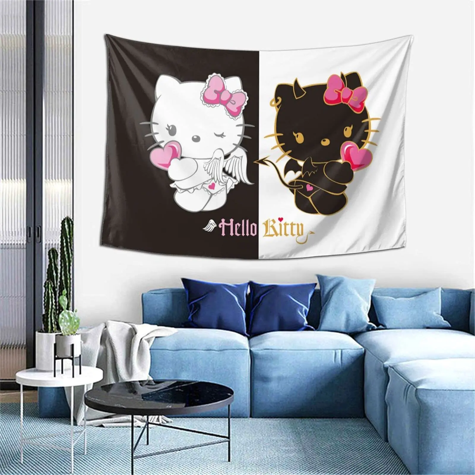 Kawaii Hello Kitty Hanging Tapestry Anime Kt Cat Cartoon Background Cloth  Black and White Wall Blanket Art Home Decor Girl Gift