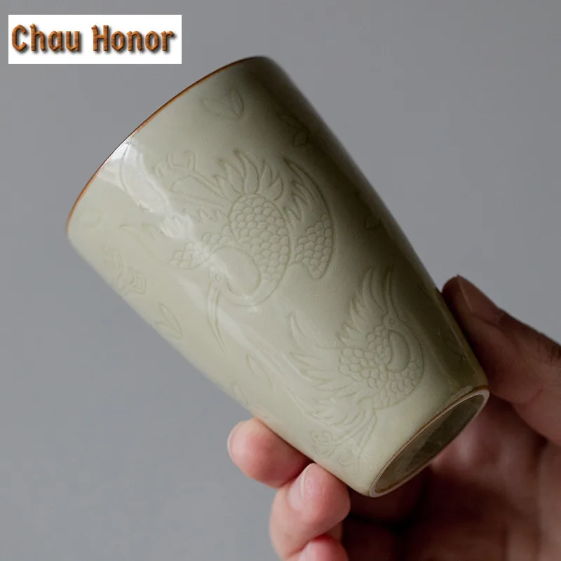90ml Boutique Honey Glaze Ceramic Tea Cup Embossed Crane Art Smelling Cup Large Personal Master Cup Meditation Cup Kung Futeaset