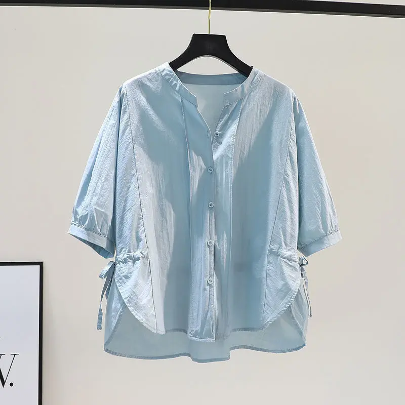 

Women Cotton Shirts Side Fork Buckle Wrinkle Blouse Japanese Slim Out Quarter Sleeves Sweet Tops Office Ladies Shirt