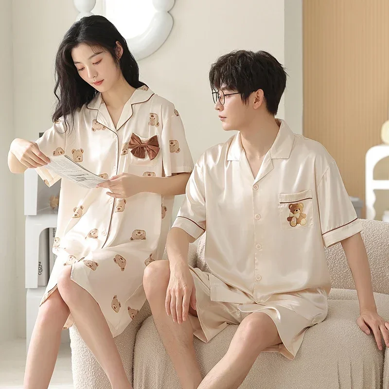 Summer Couple Short Sleeve Silk Satin Pajama Sets for Men Korean Cute Cartoon Sleepwear Women Night Dress Homewear Clothes
