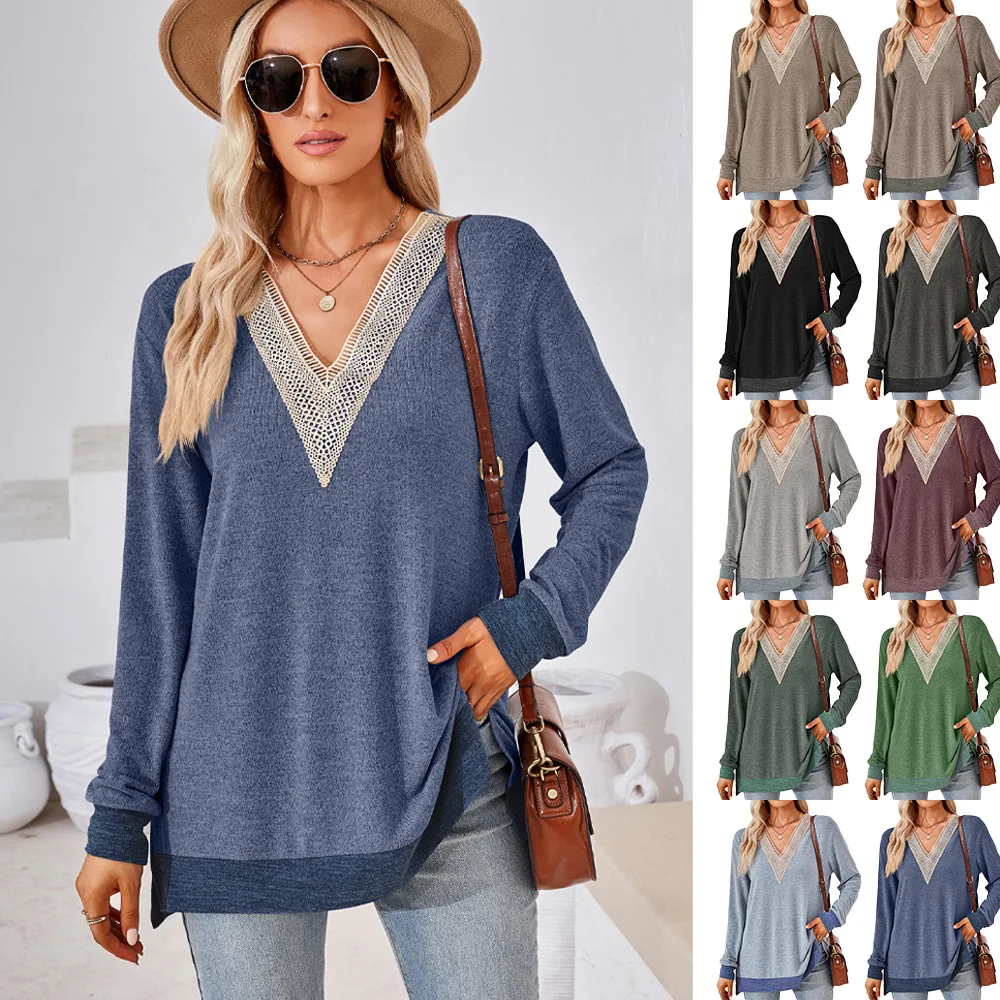 

VOLALO 2024 Autumn Winter European and American Autumn/Winter New V-Neck Lace Solid Color Loose T-shirt Women's Top