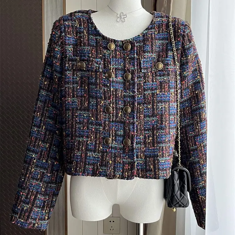 

Top Quality Women's Luxury Tweed Jacket New Autumn Winter Double Breasted Elegant Woolen Weave Plaid Short Coats Outerwear Q399