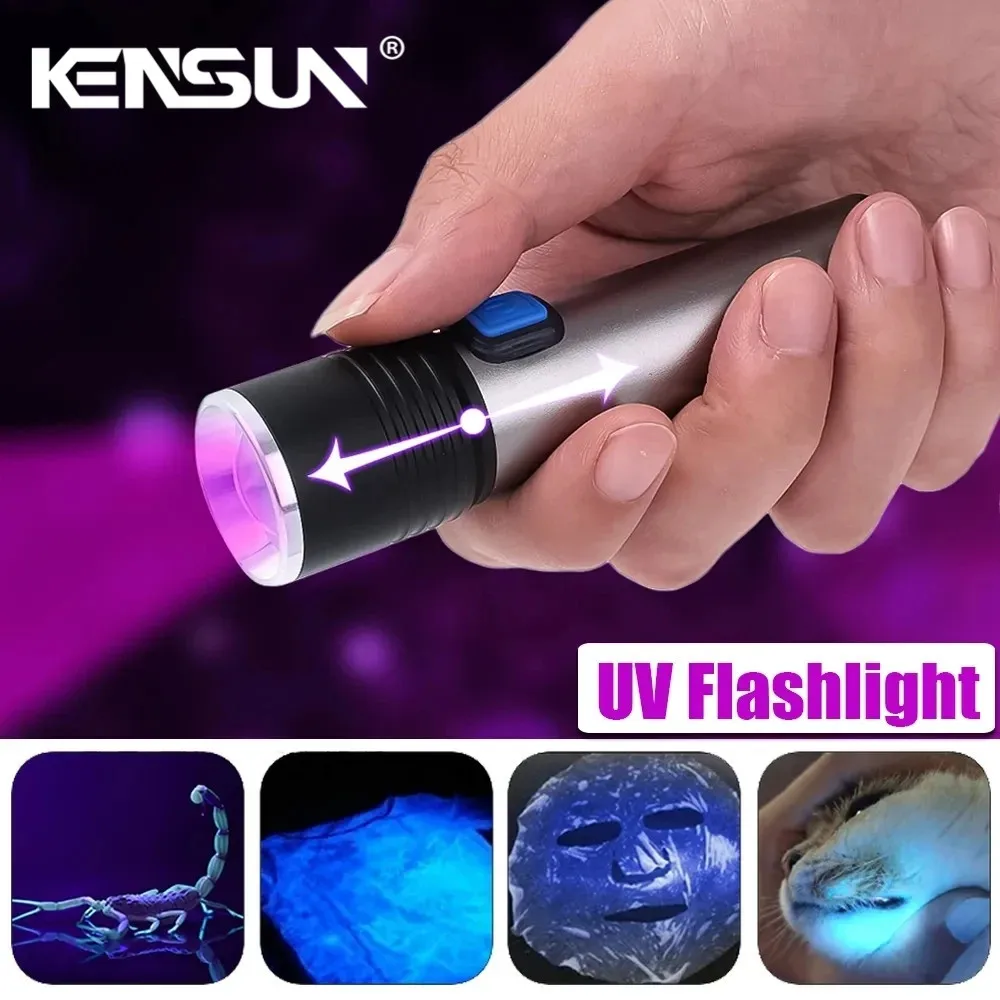 High Power 395nm UV LED Flashlight USB Charge Zoomable Torch Waterproof for Emergency Ultraviolet Urine Detector Light