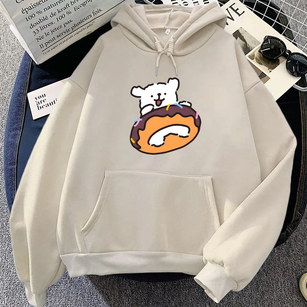 

Puppy Maltese Dog Doughnut Printing Hoodies Long Sleeve Winter Fleece Hooded Sweatshirts Kawaii Cartoon Print Women Pullovers