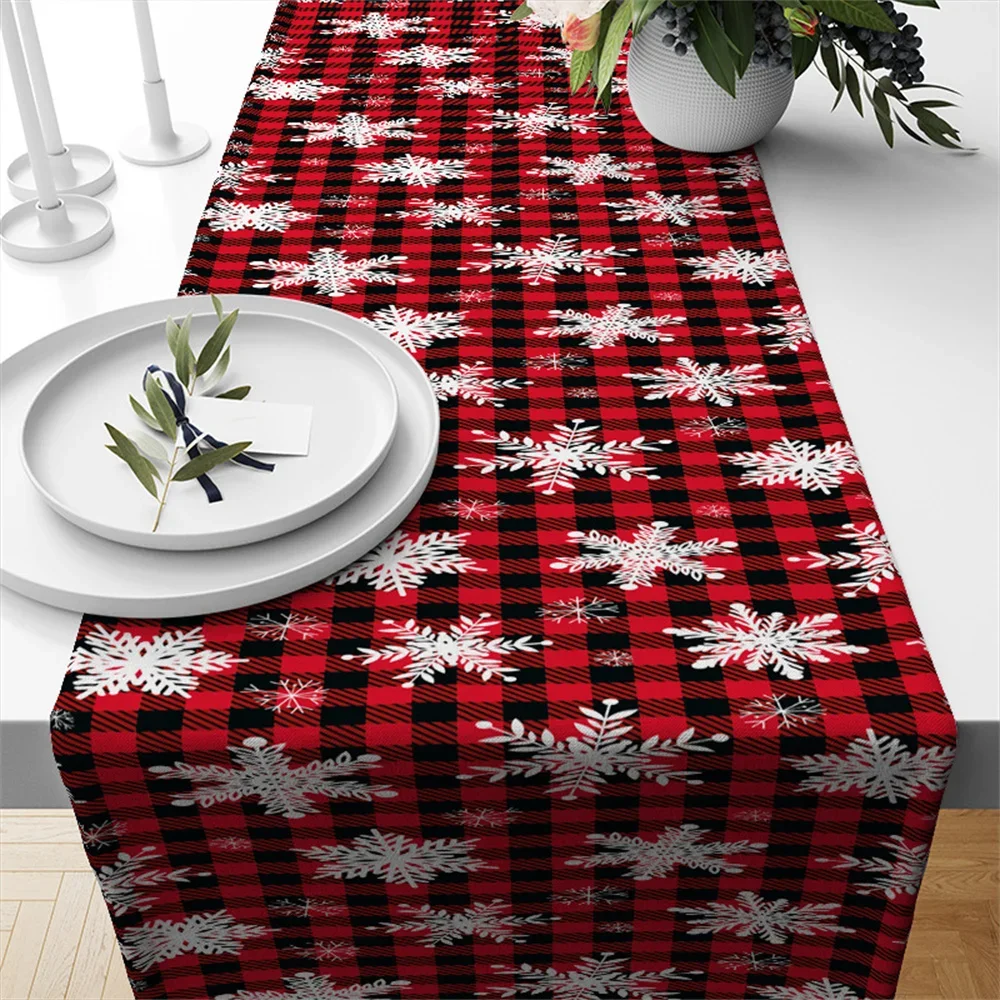 Simple Christmas text Table Flag Christmas Tree Snowflake plaid table Runner Family Holiday party Kitchen table Christmas