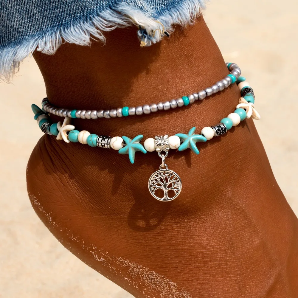 Tobillera bohemia con concha y estrella de mar