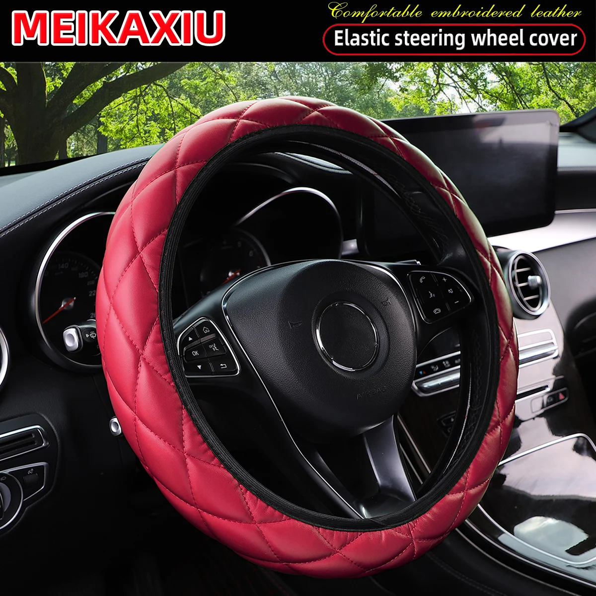 3D Embroidered Artificial Sheepskin PU Leather Steering Wheel Cover Rimless Universal Fit for 14.5-15 Inch Car Wheels