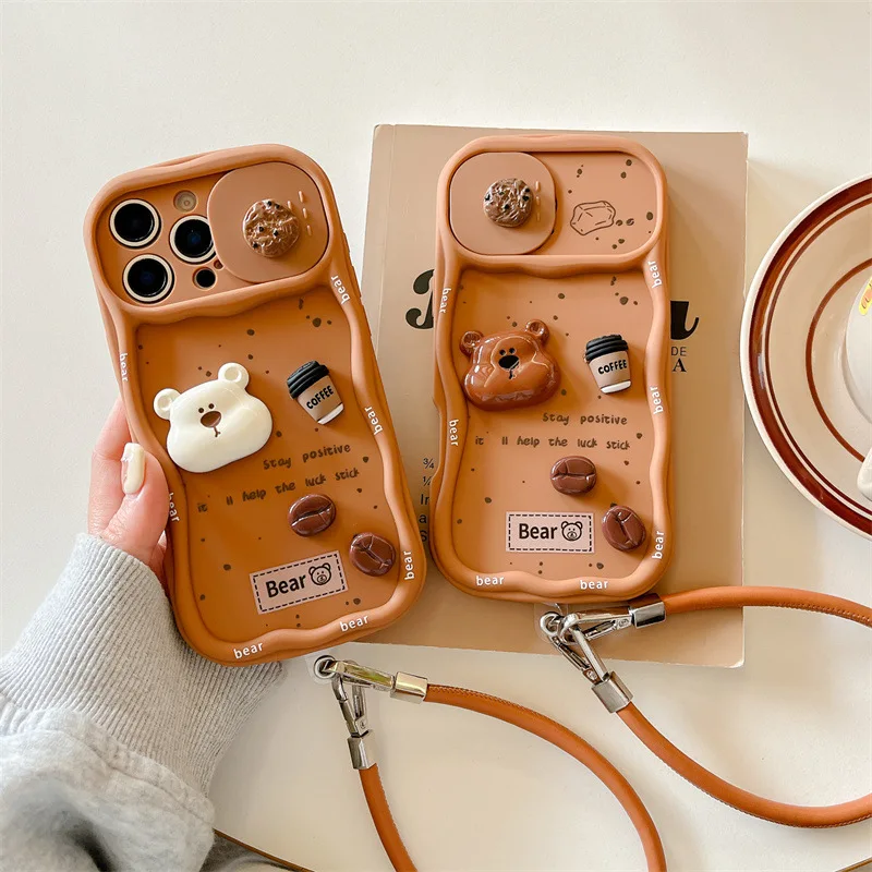 3D Coffee Cartoon Bear Phone Case with Wrist Strap and Push-Pull Sliding Camera Shockproof Cover