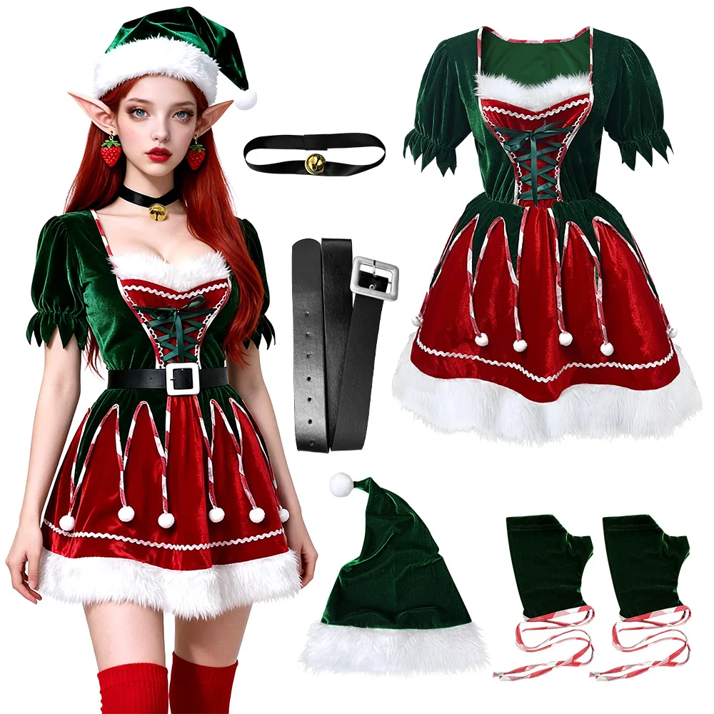 Sexy Christmas Elf Costume Short-sleeved Dress With Belt And Cute Hat Set Christmas Party Adult Role-playing Plush Outfit 2026