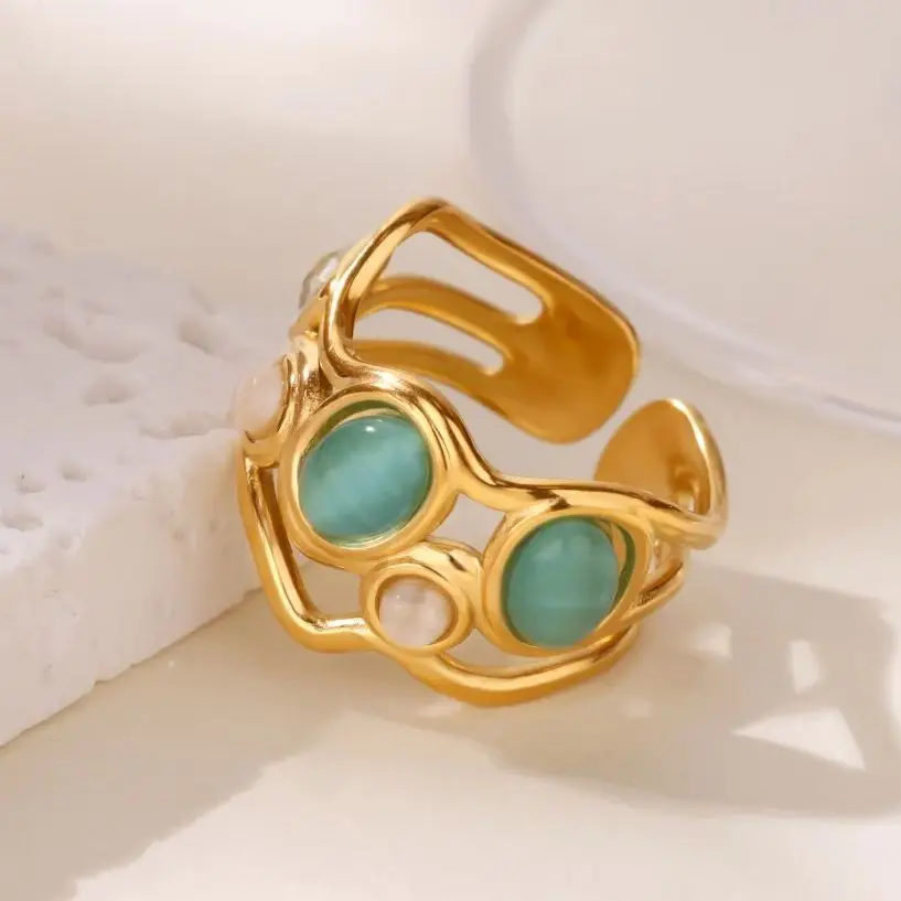 Geometric Opal Ring Stainless Steel Gold Color For Women