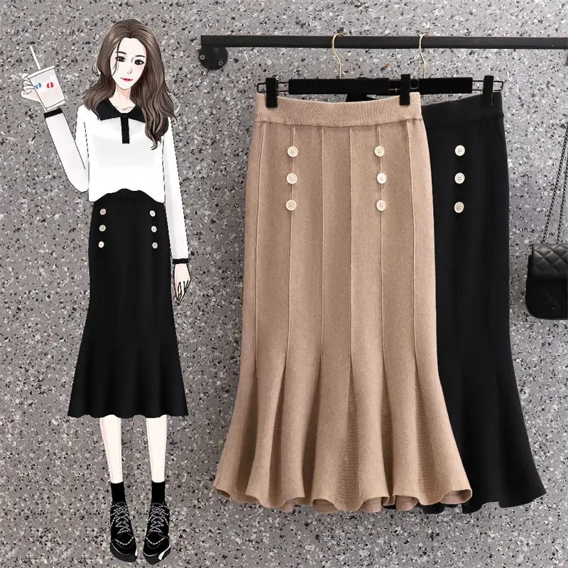 

Korean Women's High-Waisted Core-Spun Yarn Skirt 2022 Autumn And Winter Mid-Length Knitted Fishtail Skirt Large Size Jupe T425