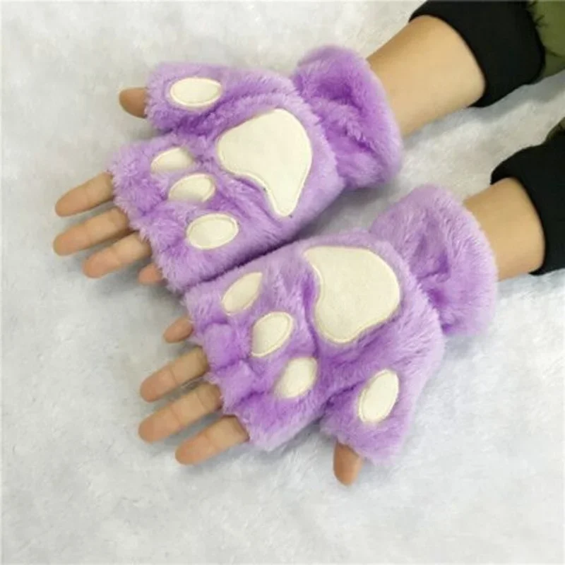 Kawaii Women Cat Gloves Fashion Girls Cat Claw Paw Plush Fingerless Half Finger Winter Gloves