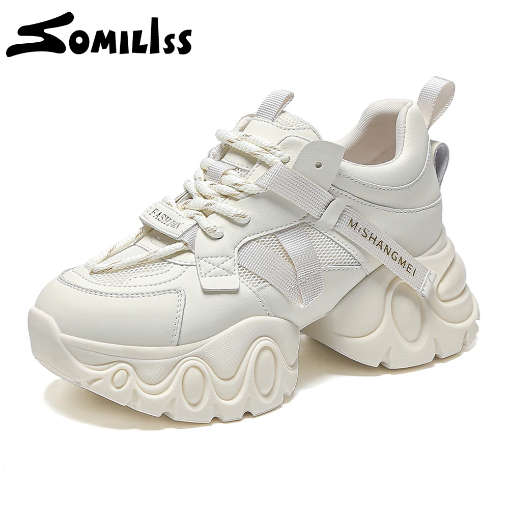 

SOMILISS Chunky Sneaker for Women Microfiber Leather Mesh Patchwork Round Toe Spring Summer Casual Fashion Non Slip Platform Sho