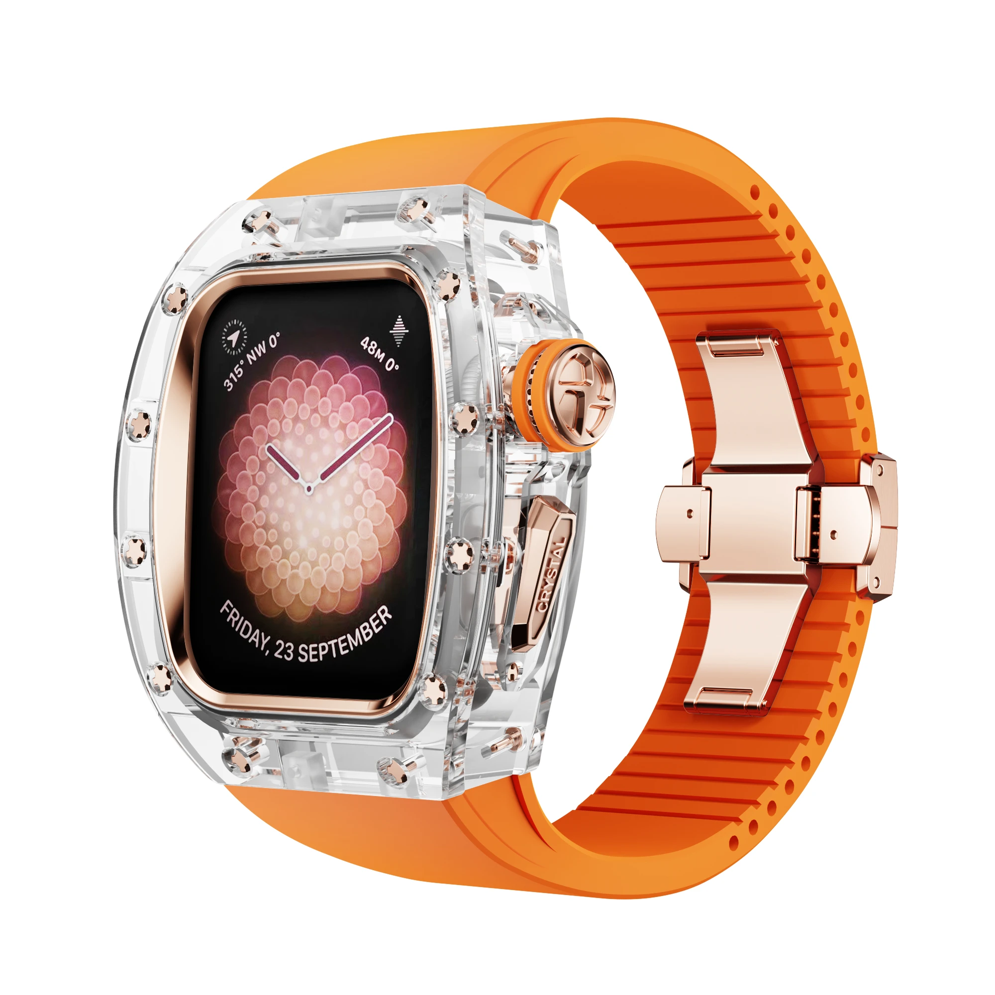 애플 워치용 Viton 스트랩 크리스탈 모드 키트, 패션 개조 케이스, 럭셔리 iWatch 시리즈 9, 8, 7, 6, 5, 4, SE, 오렌지 밴드, 44mm, 45mm