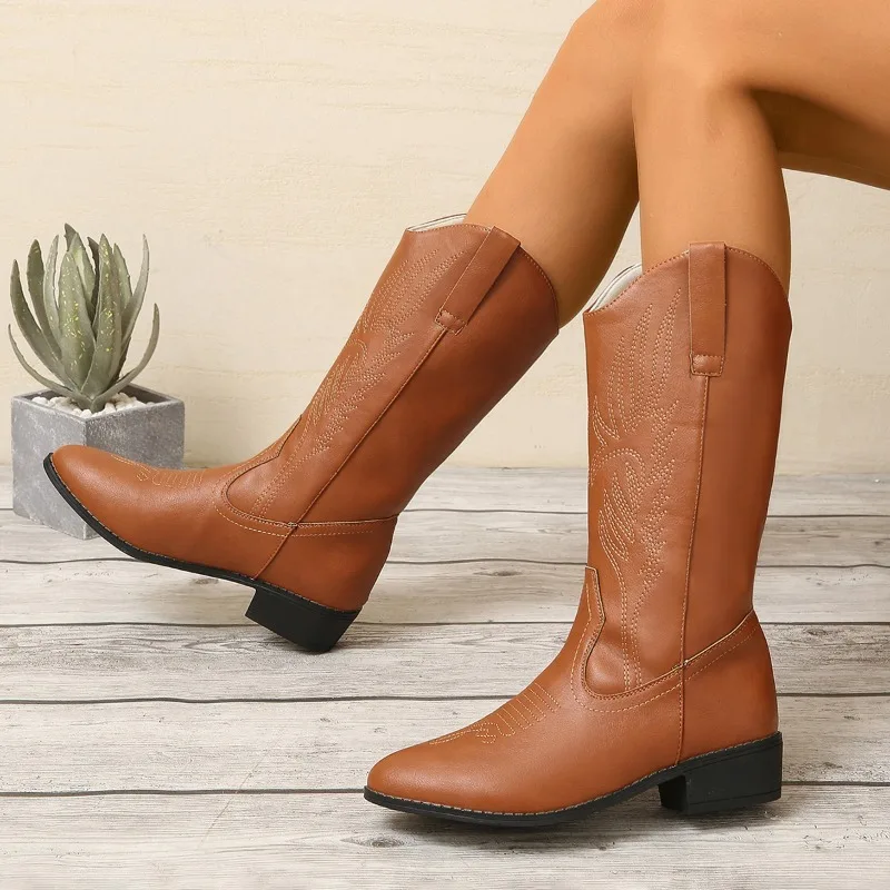 Classic Shoes for Female Slip-on Embroider Women's Mid-Calf Boots Square Heel Pointed Toe Women's Shoes Med Heel Ladies Boots