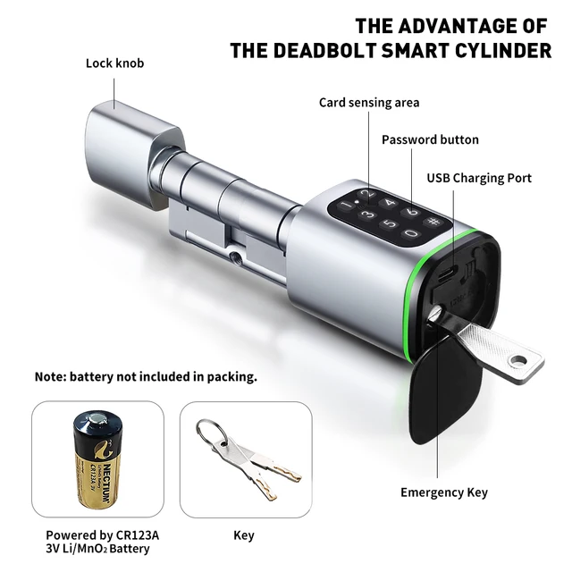 Tuya BLE Keyless Smart Lock Cylinder supports M1 Tuya Gateway Mechanical Key And USB Emergency Power Supply Fingerprint/ PINcode 5