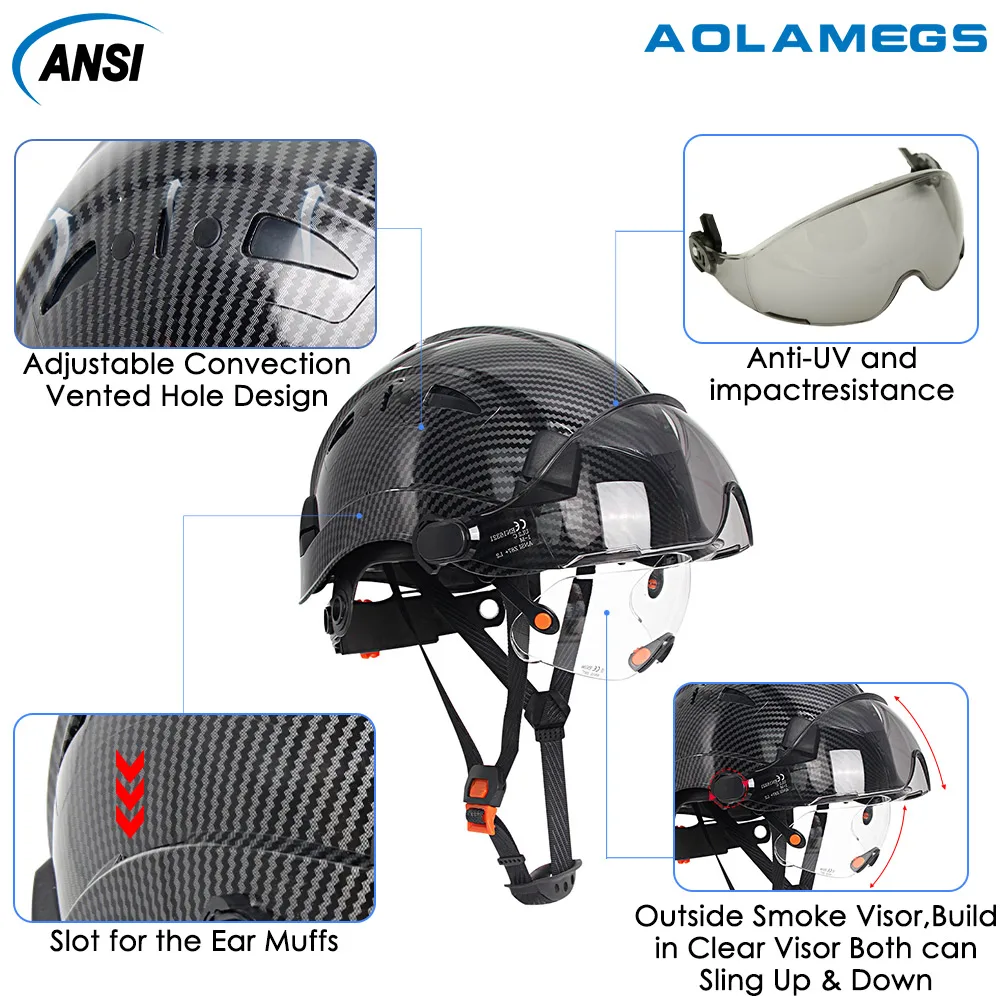 Safety Helmet Carbon Fiber Pattern Visor Goggles Vented ABS 6-Point Suspension ANSI