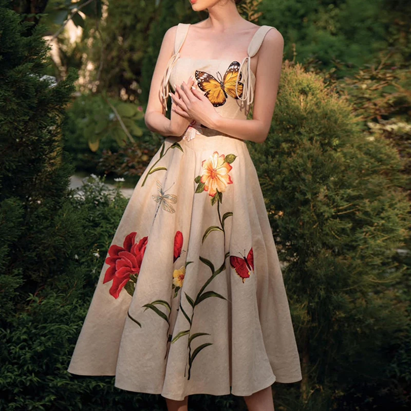 

New Three-Dimensional Flower Dress With Retro Waistband For Slimming And Floral Print Sweet Dress Summer 2023 Women