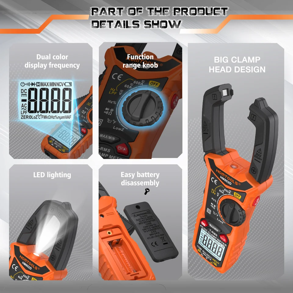 HOMTOOLS HM802 Clamp Meter Digital Multimeter AC/DC Current