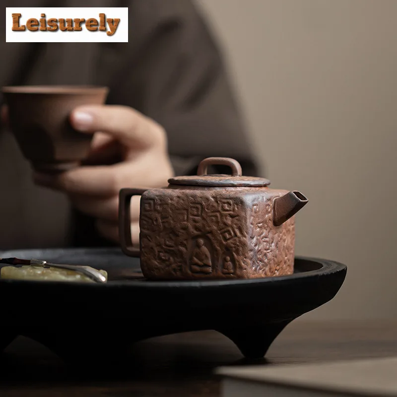 130ml Retro Rough Pottery Square Teapot Ancient Tea Infuser Pot Tea Brewing Kettle with Ball Hole White Tea Tea Services Craft