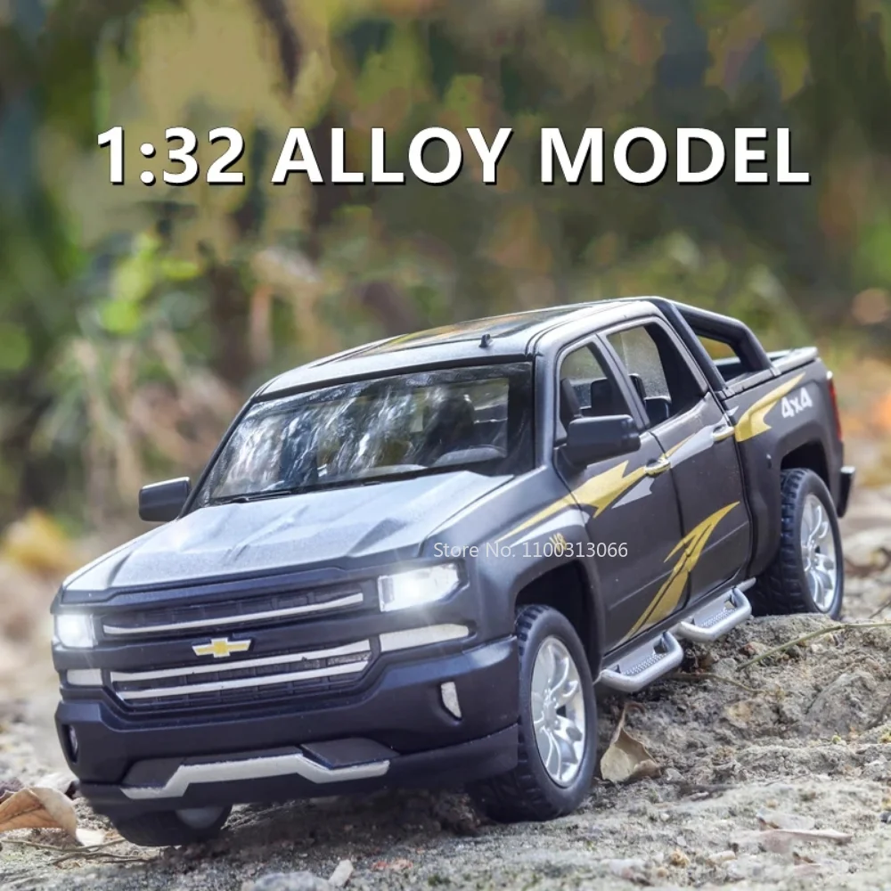 

1/32 Silverado Pickup Car Model Alloy Diecast Metal Toys Simulation 6 Doors Can Be Opened Sound Light Pull Back Collection Gift