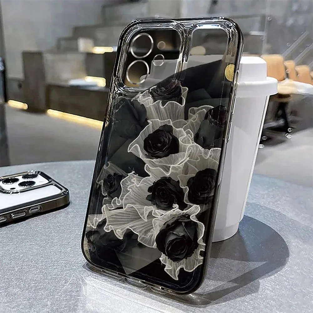 Elegant Black Floral Clear Case with Rose Design - Soft Protective Phone Cover