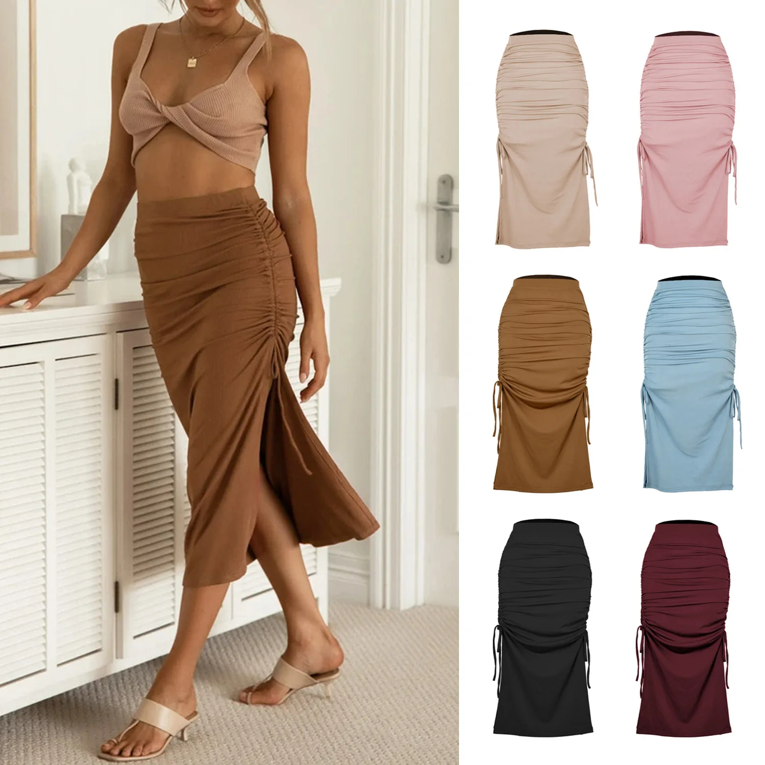 

2023 slit knitted slim skirt fashion pleated lace sexy hip skirt women's skirt