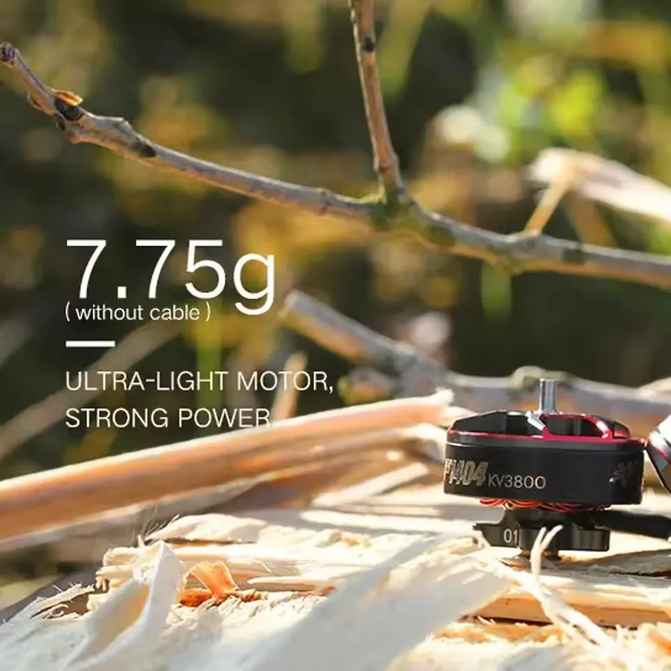 Moteur sans balais T-Motor F1404 3800KV avec connecteurs dorés, détail des pales et du logement.