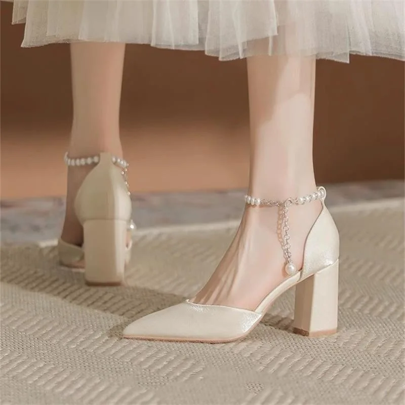 Elegant Pearl-Embellished Satin Heels - 5cm Chunky Low Heel Bridal Shoes with Adjustable Ankle Strap 2026